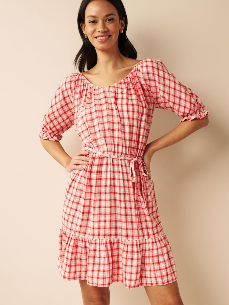 Red/White Check Puff Sleeve Linen Mix Mini Dress - Image 1 of 4