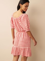 Red/White Check Puff Sleeve Linen Mix Mini Dress - Image 2 of 4