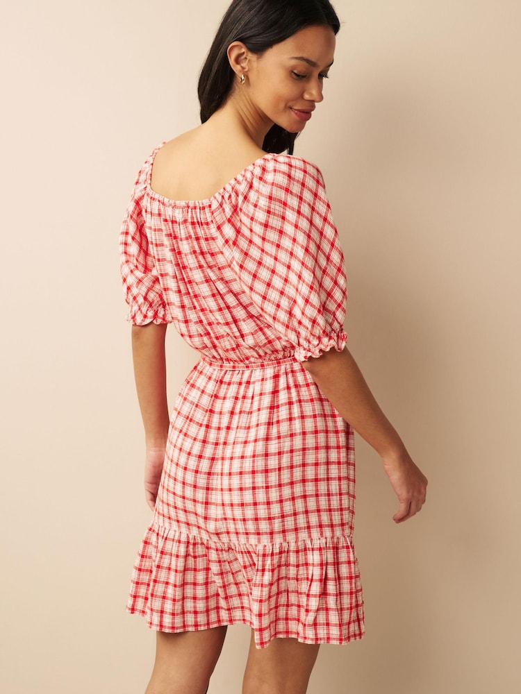 Red/White Check Puff Sleeve Linen Mix Mini Dress - Image 2 of 4