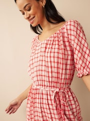 Red/White Check Puff Sleeve Linen Mix Mini Dress - Image 3 of 4