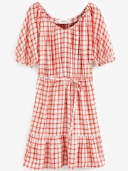 Red/White Check Puff Sleeve Linen Mix Mini Dress - Image 4 of 4