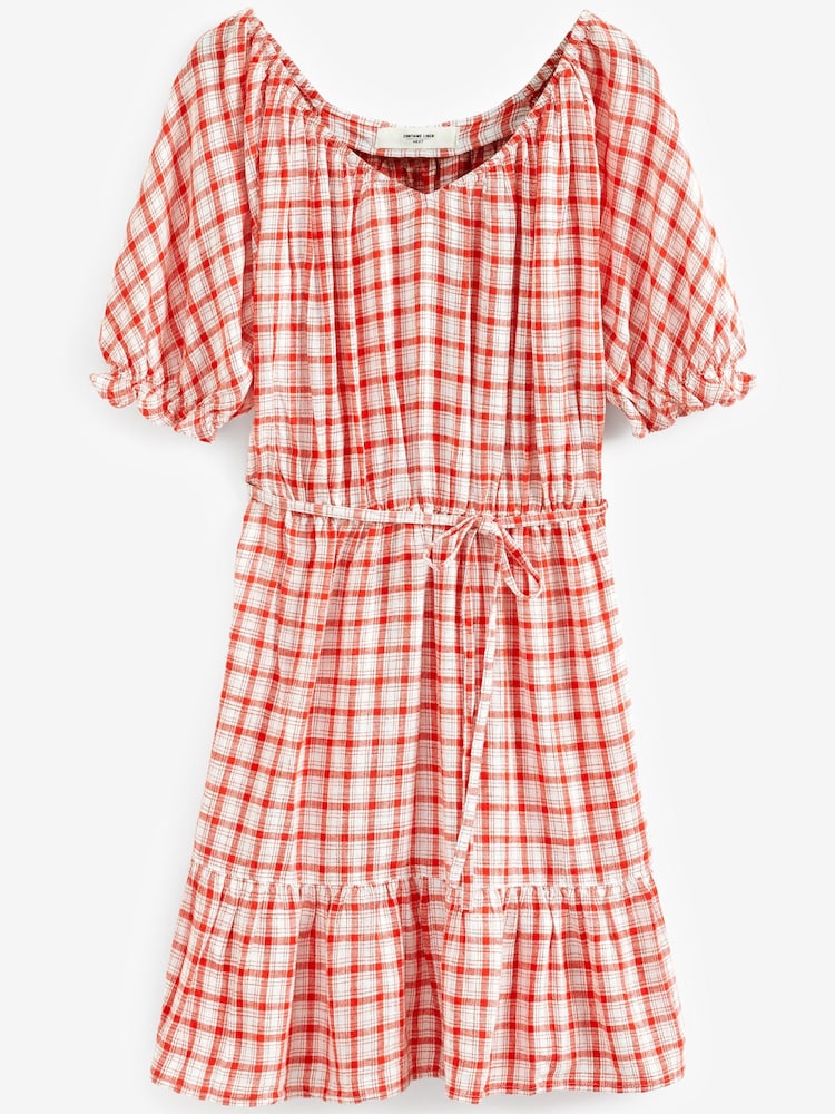 Red/White Check Puff Sleeve Linen Mix Mini Dress - Image 4 of 4