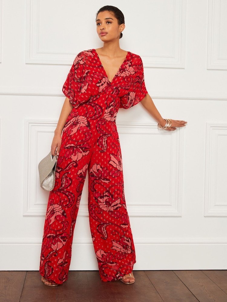 Rot geblümt, Glitzer - Batwing-Jumpsuit mit weitem Beinschnitt - Bild 2 von 4 Rot geblümt, Glitzer - Batwing-Jumpsuit mit weitem Beinschnitt - Bild 2 von 4
