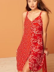 Red Floral and Spot Print Button Through Mini Slip Dress - Image 1 of 5