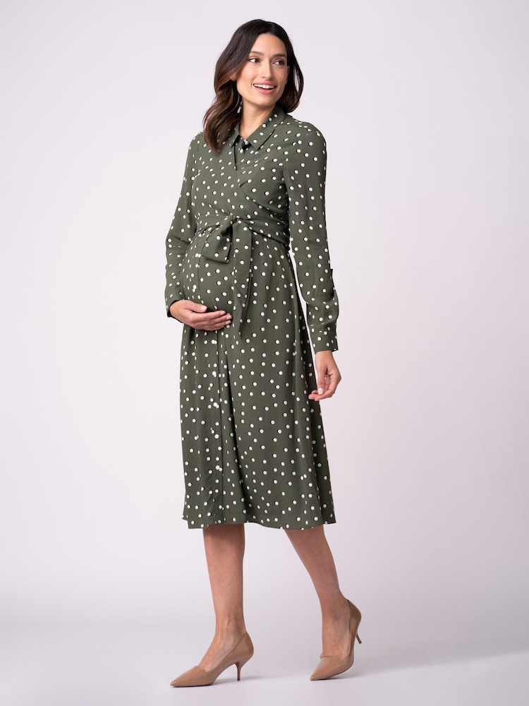 Seraphine Green Maternity And Nursing Midi Wrap Shirt Dress With Slits - Image 1 of 5