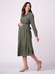 Seraphine Green Maternity And Nursing Midi Wrap Shirt Dress With Slits - Image 3 of 5