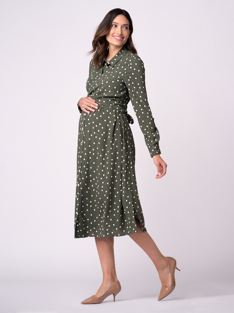 Seraphine Green Maternity And Nursing Midi Wrap Shirt Dress With Slits - Image 3 of 5