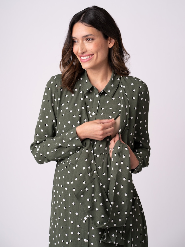 Seraphine Green Maternity And Nursing Midi Wrap Shirt Dress With Slits - Image 4 of 5