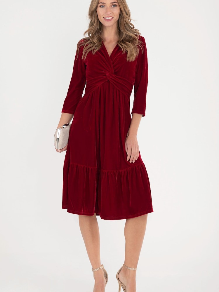 Jolie Moi Red 3/4th Sleeve Tiered Hem Velvet Dress - Image 1 of 6