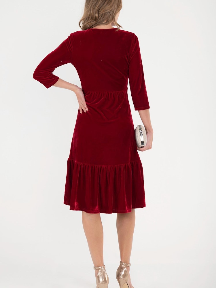 Jolie Moi Red 3/4th Sleeve Tiered Hem Velvet Dress - Image 2 of 6
