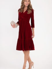 Jolie Moi Red 3/4th Sleeve Tiered Hem Velvet Dress - Image 3 of 6