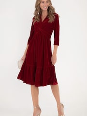 Jolie Moi Red 3/4th Sleeve Tiered Hem Velvet Dress - Image 4 of 6