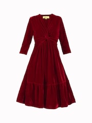 Jolie Moi Red 3/4th Sleeve Tiered Hem Velvet Dress - Image 6 of 6