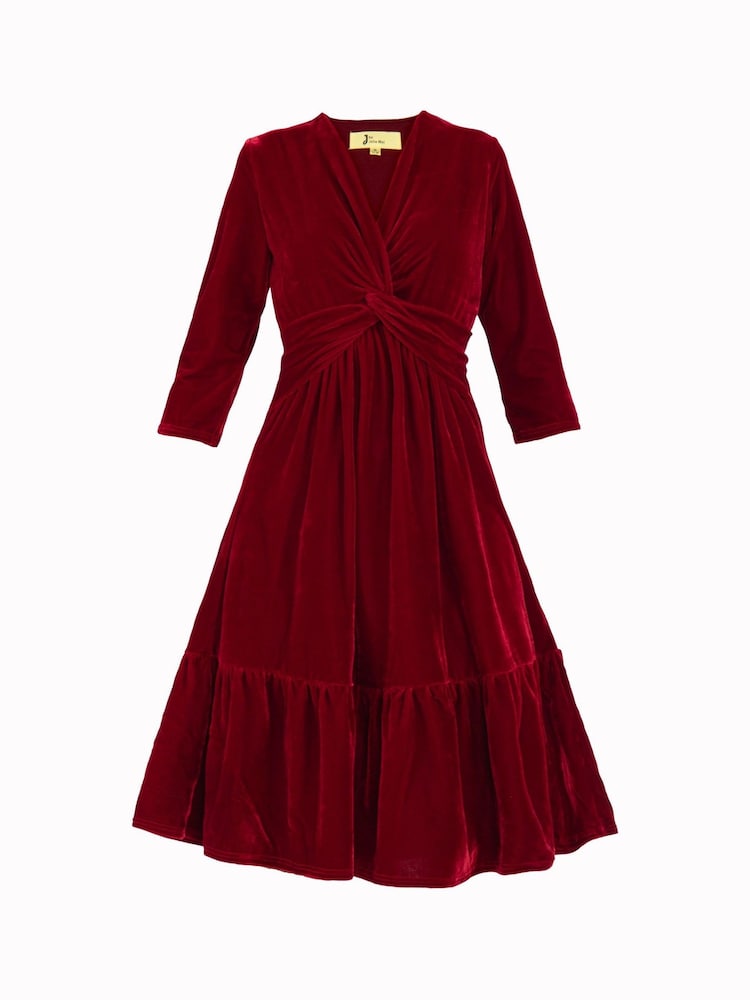 Jolie Moi Red 3/4th Sleeve Tiered Hem Velvet Dress - Image 6 of 6