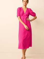 Bright Pink Textured Puff Sleeve Midi Dress - Image 1 of 5