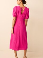 Bright Pink Textured Puff Sleeve Midi Dress - Image 2 of 5