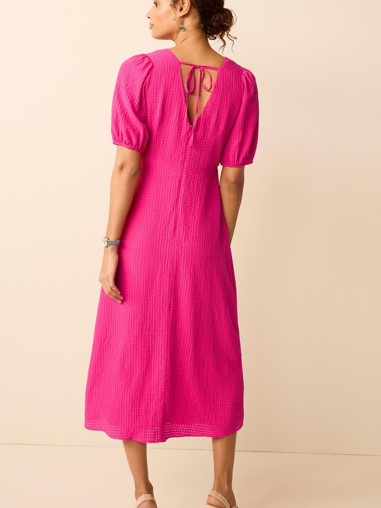 Bright Pink Textured Puff Sleeve Midi Dress - Image 2 of 5