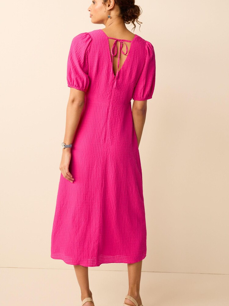 Bright Pink Textured Puff Sleeve Midi Dress - Image 2 of 5 Bright Pink Textured Puff Sleeve Midi Dress - Image 2 of 5