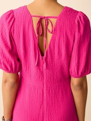 Bright Pink Textured Puff Sleeve Midi Dress - Image 4 of 5
