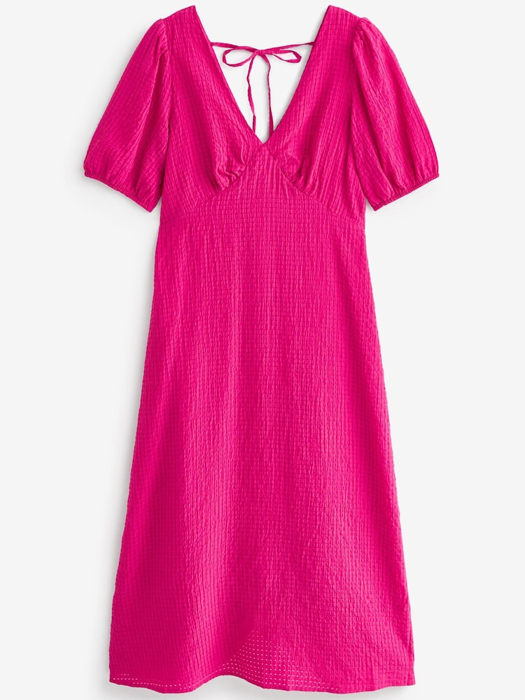 Bright Pink Textured Puff Sleeve Midi Dress - Image 5 of 5