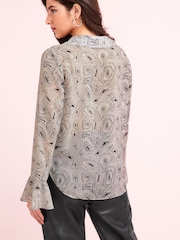 Black and Cream Swirl V-Neck Long Sleeve Blouse - Image 3 of 5