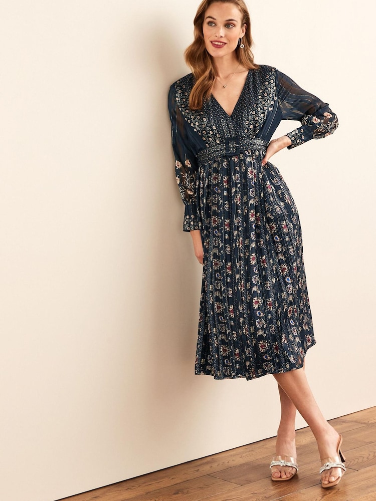 Navy Blue Floral Sparkle Wrap Belted Midi Dress - Image 1 of 5