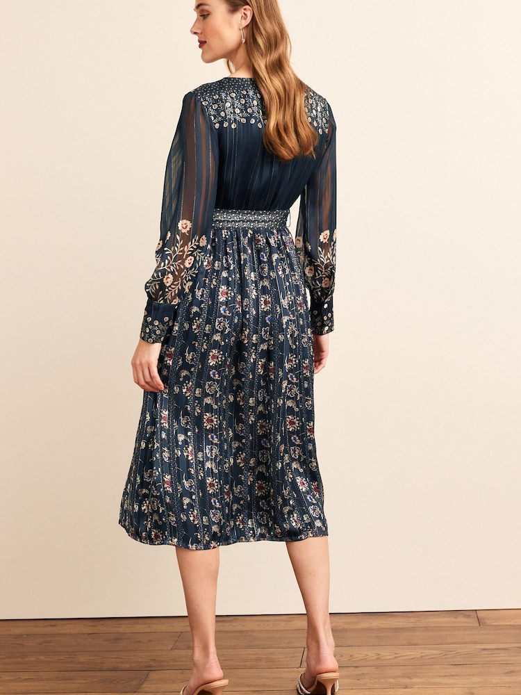 Navy Blue Floral Sparkle Wrap Belted Midi Dress - Image 2 of 5
