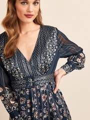Navy Blue Floral Sparkle Wrap Belted Midi Dress - Image 3 of 5