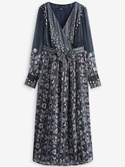 Navy Blue Floral Sparkle Wrap Belted Midi Dress - Image 5 of 5