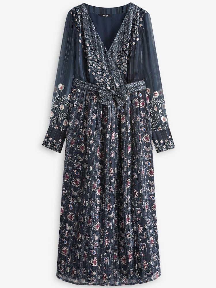 Navy Blue Floral Sparkle Wrap Belted Midi Dress - Image 5 of 5