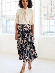 Navy Floral Print Pleated Midi Skirt - Image 1 of 4