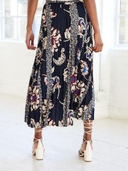 Navy Floral Print Pleated Midi Skirt - Image 2 of 4