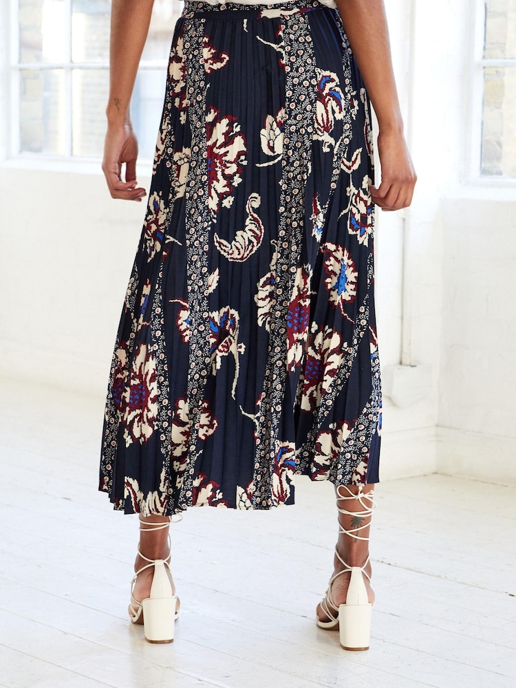 Navy Floral Print Pleated Midi Skirt - Image 2 of 4