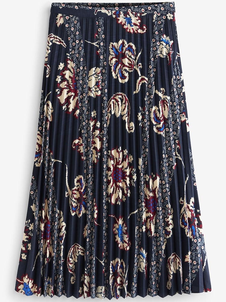Navy Floral Print Pleated Midi Skirt - Image 4 of 4