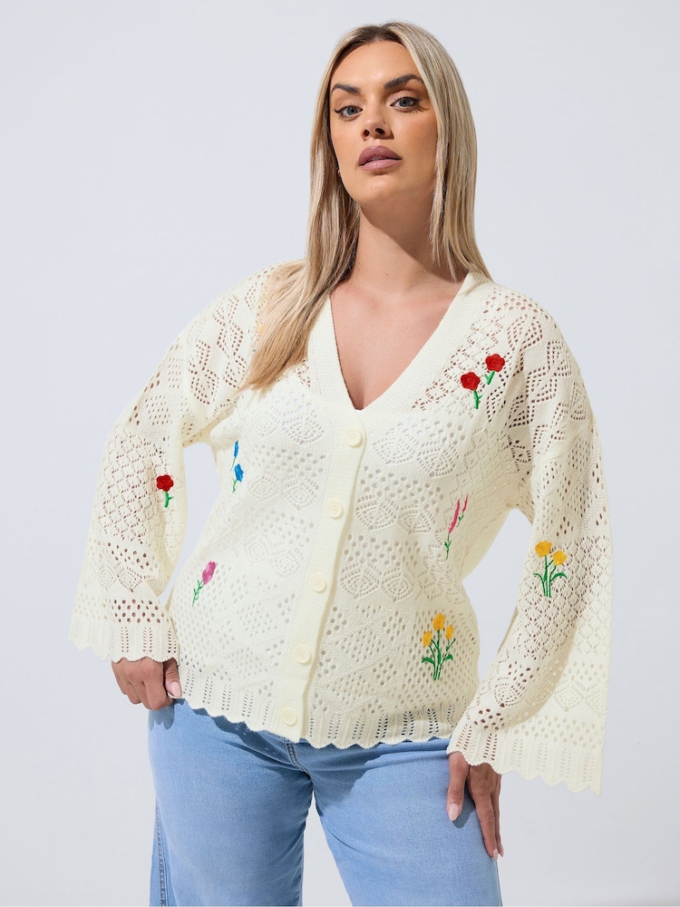 Yours Curve White Limited Long Sleeve Crochet Embroidered Cardigan - Image 1 of 6