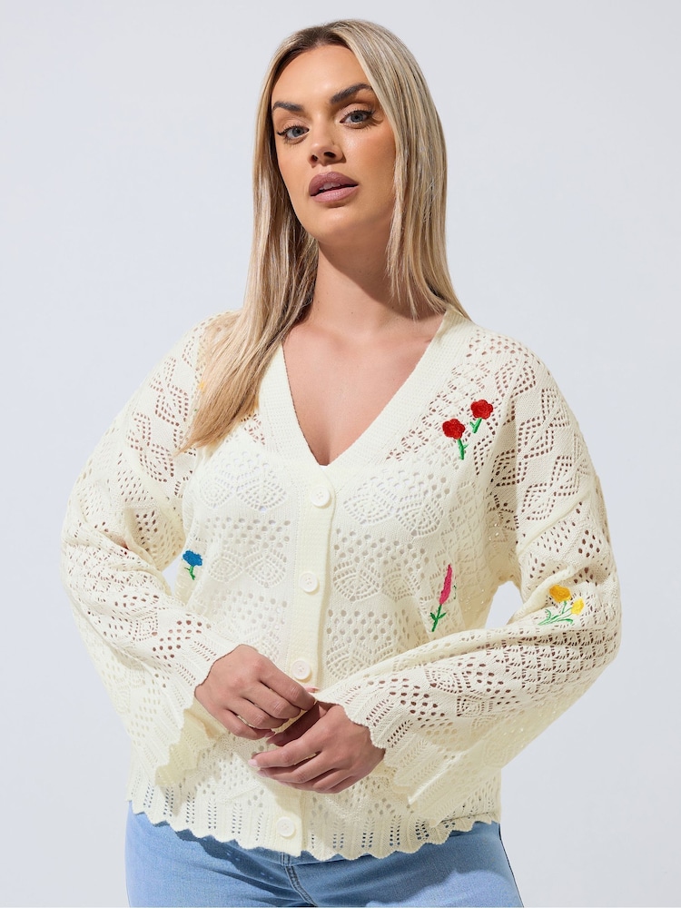 Yours Curve White Limited Long Sleeve Crochet Embroidered Cardigan - Image 2 of 6