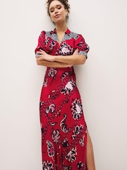 Red/Navy Blue Patch Print Split Hem Puff Sleeve V-Neck Maxi Dress - Image 1 of 5