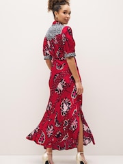 Red/Navy Blue Patch Print Split Hem Puff Sleeve V-Neck Maxi Dress - Image 2 of 5