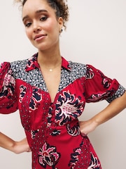 Red/Navy Blue Patch Print Split Hem Puff Sleeve V-Neck Maxi Dress - Image 3 of 5