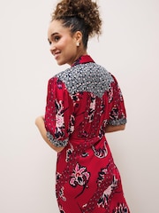 Red/Navy Blue Patch Print Split Hem Puff Sleeve V-Neck Maxi Dress - Image 4 of 5