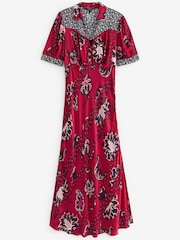 Red/Navy Blue Patch Print Split Hem Puff Sleeve V-Neck Maxi Dress - Image 5 of 5