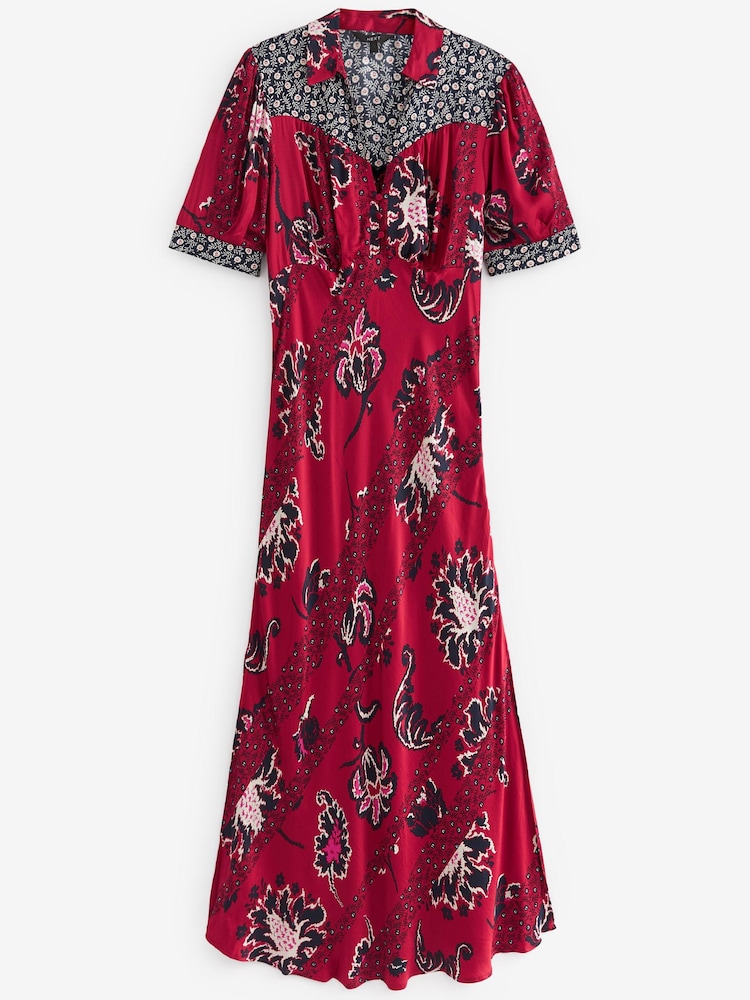 Red/Navy Blue Patch Print Split Hem Puff Sleeve V-Neck Maxi Dress - Image 5 of 5
