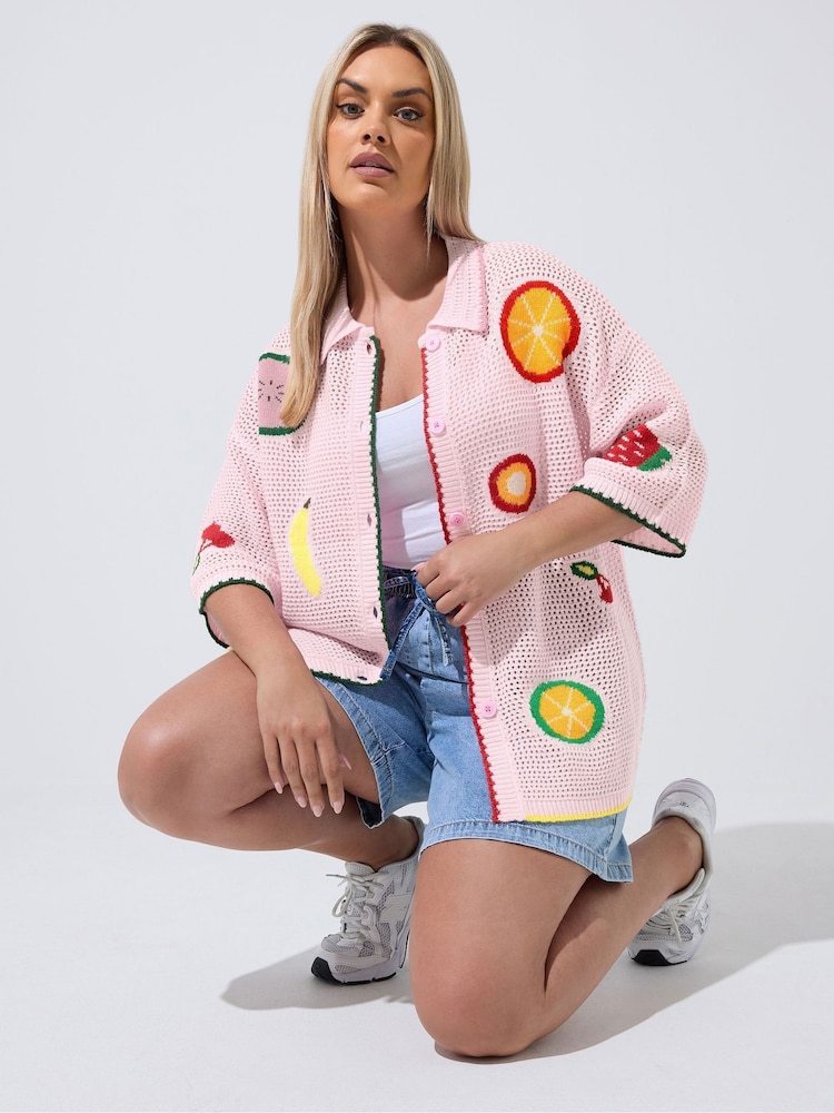 Yours Curve Pink Limited Fruit Crochet Shirt - Image 1 of 6