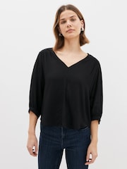 Black Curved Hem 3/4 Sleeve V-Neck Top - Image 1 of 4