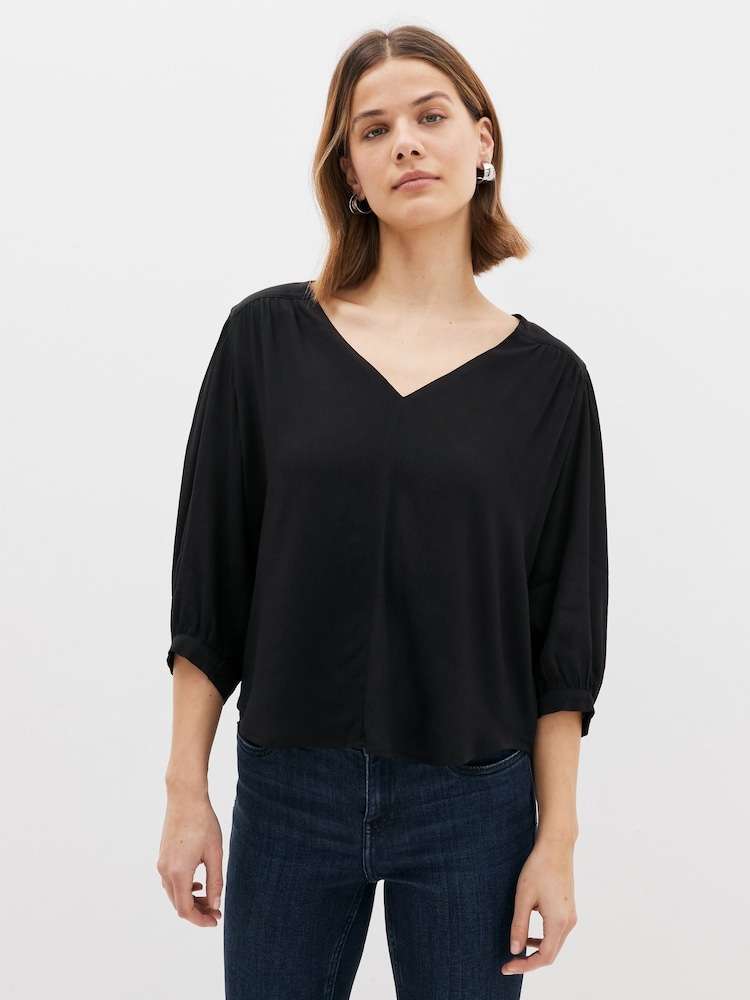 Black Curved Hem 3/4 Sleeve V-Neck Top - Image 1 of 4