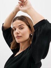 Black Curved Hem 3/4 Sleeve V-Neck Top - Image 3 of 4