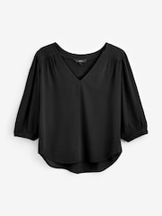 Black Curved Hem 3/4 Sleeve V-Neck Top - Image 4 of 4