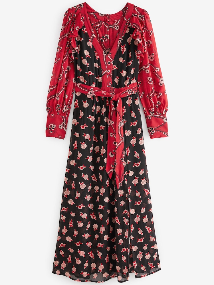 Red and Navy Blue Floral Celia Birtwell Midi Dress - Image 5 of 5