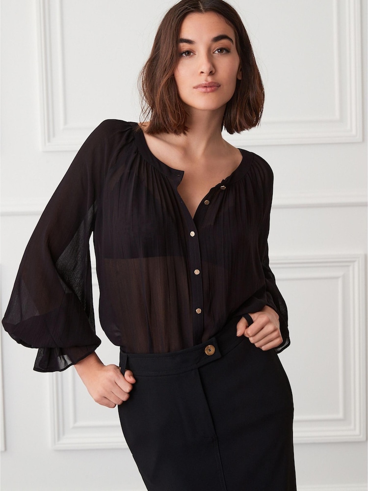 Black Sheer Long Sleeve Blouse with Hardware Buttons - Image 1 of 5