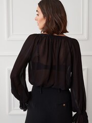 Black Sheer Long Sleeve Blouse with Hardware Buttons - Image 3 of 5